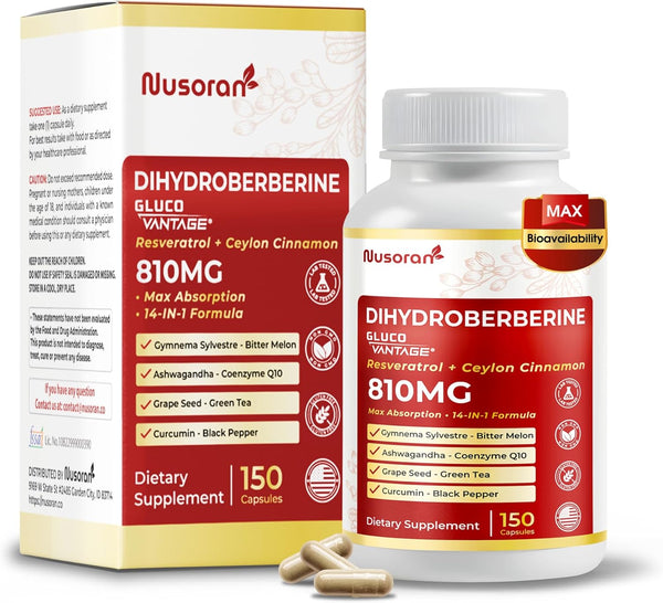Dihydroberberine - Super Berberine - Patented Glucovantage 810Mg - 5X Absorption - with Resveratrol Cinnamon Grape Seed Extract- Support Metabolism, Digestion - Made in the USA
