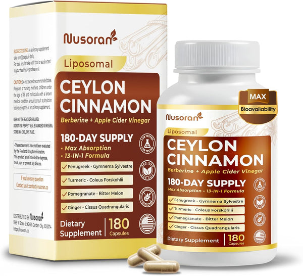 Ultra Ceylon Cinnamon - 13-In-1 with Berberine, Apple Cider Vinegar, Turmeric, Bitter Melon - Max Absorption - Made in USA - 180 Capsules - Non-Gmo, Gluten-Free, Lab Tested