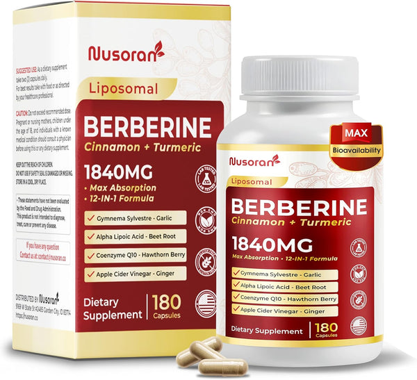 Ultra Berberine 1840 Mg - 12-In-1 with Cinnamon, Turmeric, Coq10, ALA, Gymnema, Bitter Melon - Max Absorption - 180 Capsules - Non-Gmo, Gluten-Free, Lab Tested