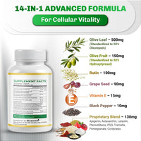 Premium Olive Leaf & Fruit - 13-In-1 with Rutin, Grape Seed, Astaxanthin, PQQ - Max Absorption - 150 Capsules - Made in the USA - Non-Gmo, Gluten-Free, Lab Tested