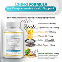 Ultra Benfotiamine - 13-In-1 with Alpha Lipoic Acid, Vitamin B12, Coq10, Rhodiola - Max Absorption -180 Capsules - Made in USA - Non-Gmo, Gluten-Free, Lab Tested