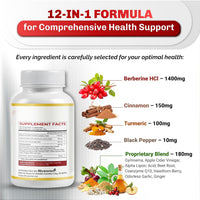 Ultra Berberine 1840 Mg - 12-In-1 with Cinnamon, Turmeric, Coq10, ALA, Gymnema, Bitter Melon - Max Absorption - 180 Capsules - Non-Gmo, Gluten-Free, Lab Tested