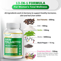 Ultra Saw Palmetto - 13-In-1 with DIM, Nettle, Pumpkin Seed, Collagen, Vitex - Max Absorption - Made in USA - 150 Capsules - Non-Gmo, Gluten-Free, Lab Tested